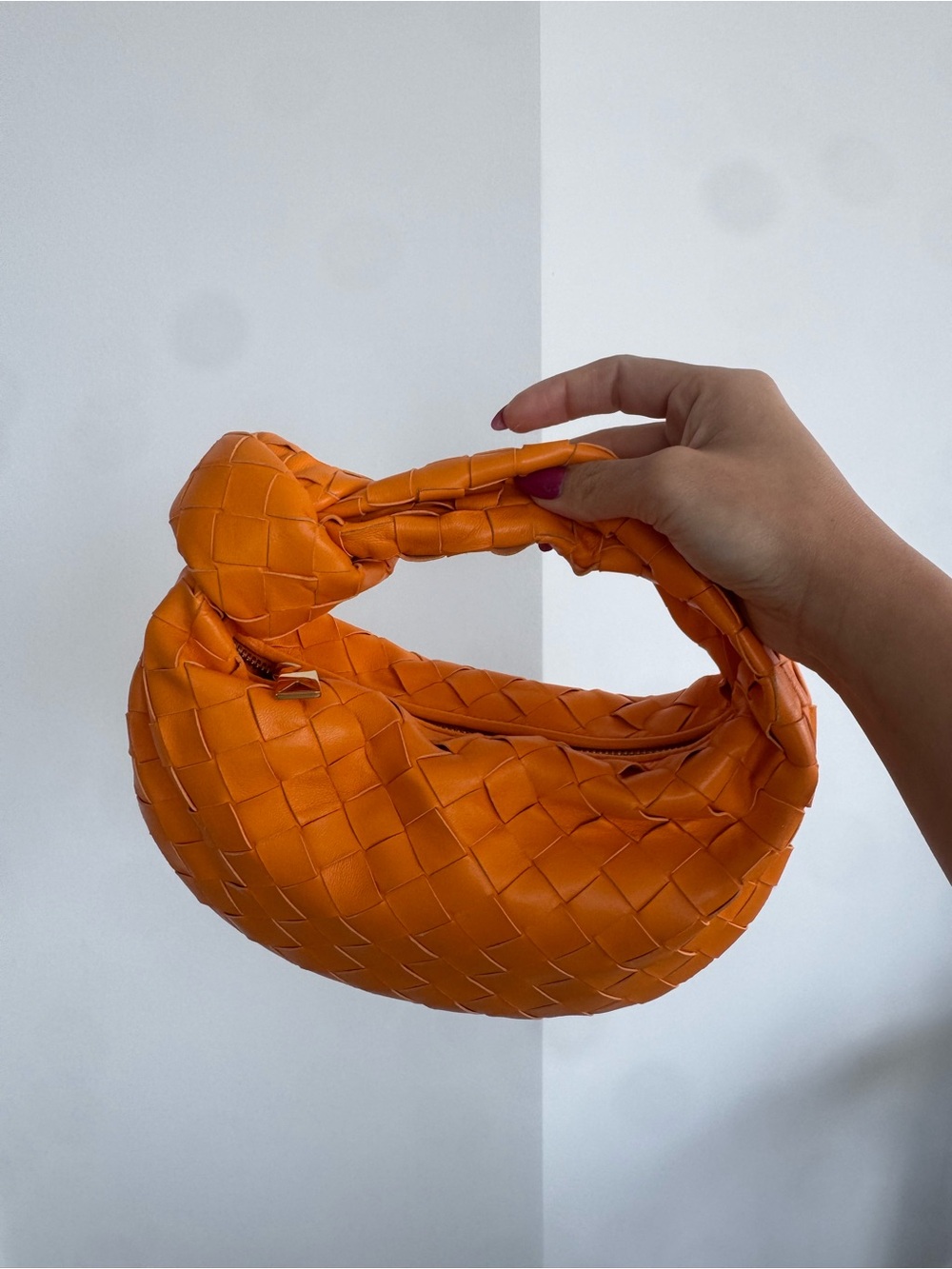 Bottega Veneta Orange Woven Knot-Handle Hobo Bag